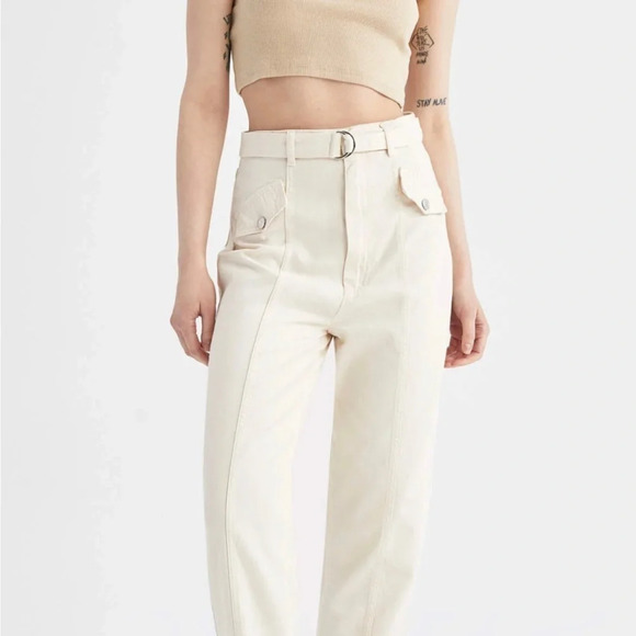 De Facto Twill Hogh Waist Tapered Leg Pants Beige Ivory Trousers Cotton 10 US - Picture 2 of 10